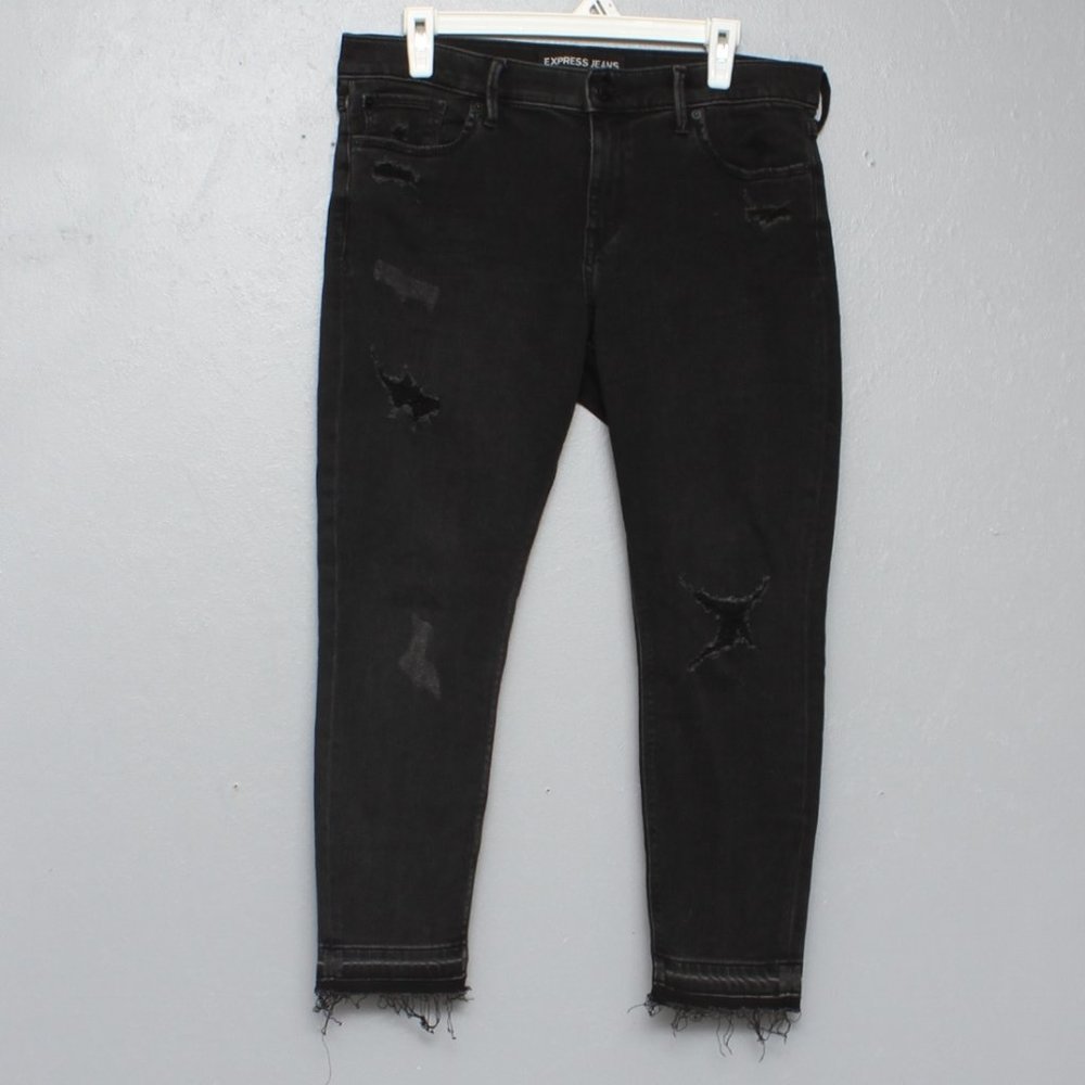 Express super soft ankle legging mid rise black raw hem distressed jeans